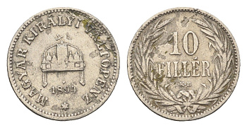 Венгрия 10 филлеров 1894 KB, Франц Иосиф I (1848-1916) KM 482 никель 4664-949