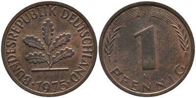 ФРГ 1 пфенниг 1975 J KM 105, J.380 сталь плакированная медью 99-332