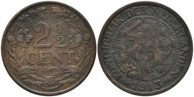 НИДЕРЛАНДЫ 2 1/2 ЦЕНТА 1913 ВИЛЬГЕЛЬМИНА (1890-1948) KM 150 бронза 113-217