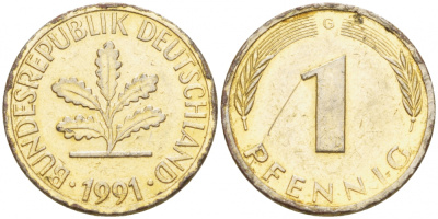 ФРГ 1 ПФЕННИГ 1991 G KM 105, J.380 сталь плакированная медью 4396-1544