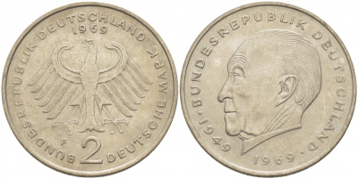 ФРГ 2 МАРКИ 1969 F, КОНРАД АДЕНАУЭР KM 124, J. 406 медно-никель плакированный никелем плакированный никелем 3996-612