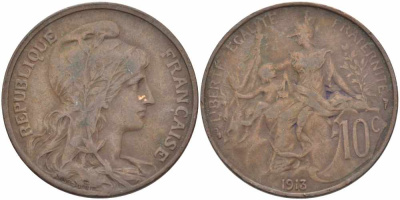 ФРАНЦИЯ 10 САНТИМОВ 1913 ТИП ДАНИЭЛЬ ДЮПЮИ KM 843, LA FRANC 136.23 бронза 109-322