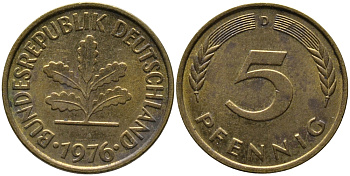 ФРГ 5 пфеннигов 1976 D KM 107, J.382 сталь плакированная латунью 99-112