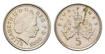 Великобритания 5 пенсов 2005 Елизавета II (1952-2022) KM 988, Spink 4670 (D5) медно-никель UNC 206-1237