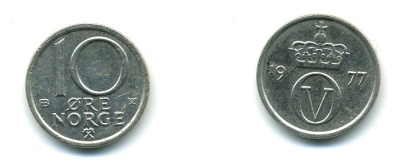 Норвегия 10 эре 1977 Улаф V (1957-1991) KM 416 медно-никель 4364-941