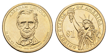США 1 доллар 2010 P, Президент США - Авраам Линкольн (1861-1865) KM 478 медь с марганцево-латунным покрытием UNC 4624-612