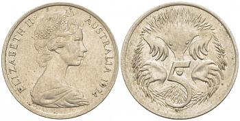 АВСТРАЛИЯ 5 ЦЕНТОВ 1974 ЕЛИЗАВЕТА II, МОЛОДОЙ ПОРТРЕТ, ЕХИДНА KM 64 медно-никель UNC 4532-557