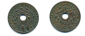 Нидерландская Восточная Индия 1 цент 1945 S KM 317 бронза 84-1415
