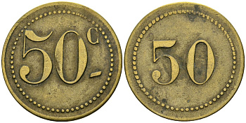 Франция 50 сантимов XIX-XX век ресторанный жетон латунь 4166-1232