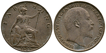 Великобритания 1 фартинг 1909 Эдуард VII (1901-1910), KM 792, Spink 3992 бронза 4384-233