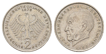 ФРГ 2 марки 1973 J, Конрад Аденауэр KM 124, J. 406 медно-никель 4675-257