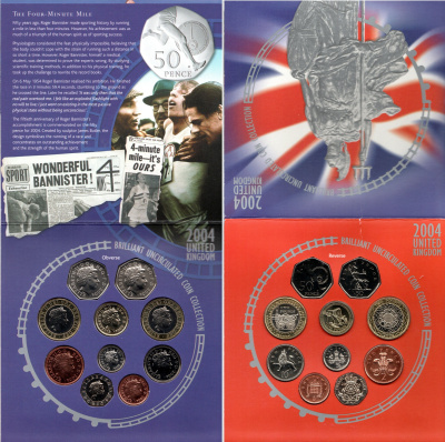 Великобритания официальный набор из 10 монет (1, 2, 5, 10, 20 и 50 пенсов; 1 и 2 фунта) 2004 в оригинальном картонном буклете, Мост Форт-Бридж в Шотландии, 50 лет рекорду в беге - миля менее чем за 4 минуты, 200 лет первому паровозу Ричарда Тревесика KM 9