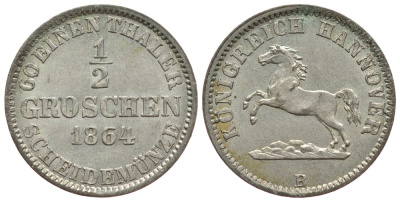 Брауншвейг-Каленберг-Ганновер 1/2 грошена 1864 В, Георг  V (1851-1866) KM 235, AKS 149 серебро  aUNC  413-2814