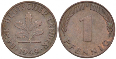 ФРГ 1 ПФЕННИГ 1949 J KM А101, J.376 сталь плакированная медью 112-922