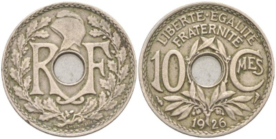 ФРАНЦИЯ 10 САНТИМОВ 1926 ТИП LINDAUER KM 866а, LE FRANC 138.13 медно-никель 55-144