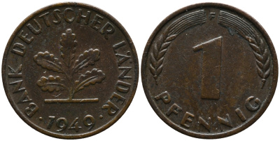 ФРГ 1 пфенниг 1949 F KM А101, J.376 сталь плакированная медью 99-243