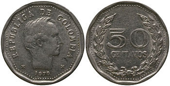 Колумбия 50 сентаво 1970 KM 244.1 сталь плакированная никелем 4529-717