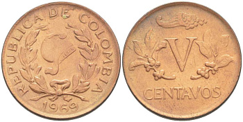 КОЛУМБИЯ 5 СЕНТАВО 1969 KM 206а сталь плакированная медью 4519-613