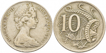 Австралия 10 центов 1973 Елизавета II (1952-), птица лирахвост KM 65 медно-никель 3457-643
