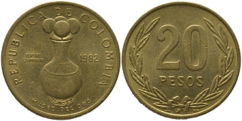 Колумбия 20 песо 1982 KM 271 алюминиевая бронза 4529-922