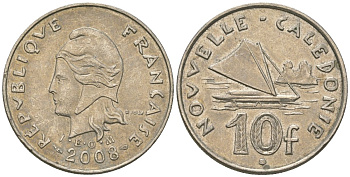 Французская Новая Каледония 10 франков 2008 рыбачья парусная лодка, (IEOM) KM 11a, Schoen 13a, Lec 99k медно-никель 60-932