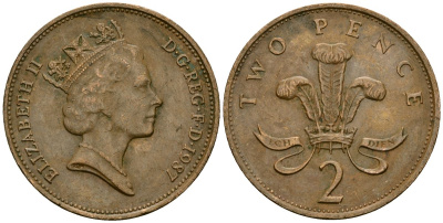 Великобритания 2 пенса 1987 Елизавета II (1952-2022) KM 936, Spink 4376 (C3) бронза 4167-533