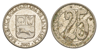 Венесуэла 25 сентимо 2007 Y 91 сталь плакированная никелем 4582-421