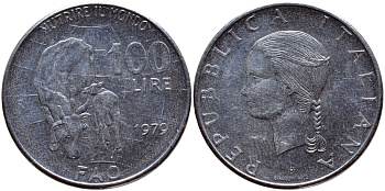 Италия 100 лир 1979 R, FAO, корова с теленком KM 106 нержавеющая сталь 4398-1042