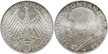 ФРГ 5 марок 1969 G, 150 лет со дня рождения Теодора Фонтана J. 399, KM 125.1 серебро aUNC 1529-233