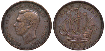 Великобритания 1/2 пенни 1939 Георг VI (1936-1952) KM 844, Spink 4115 бронза 4122-751