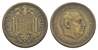 Испания 2,5 песеты 1953 (54) Франсиско Франко (1939-1975) KM 785 алюминиевая бронза 4119-1224