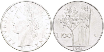 ИТАЛИЯ 100 ЛИР 1964 R, АФИНА, ДИАМЕТР 28 ММ. KM 96.1 нержавеющая сталь 4521-916