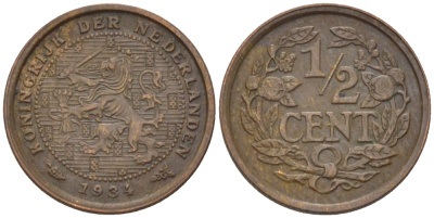 НИДЕРЛАНДЫ 1/2 ЦЕНТА 1934 ВИЛЬГЕЛЬМИНА (1890-1948) KM 138 бронза 39-227