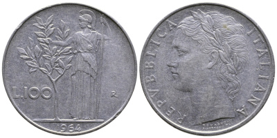ИТАЛИЯ 100 ЛИР 1964 R, АФИНА KM 96.1 нержавеющая сталь 4379-1211