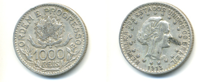 Бразилия 1000 рейс 1913 А, голова Свободы вправо KM 513 серебро 89-1331