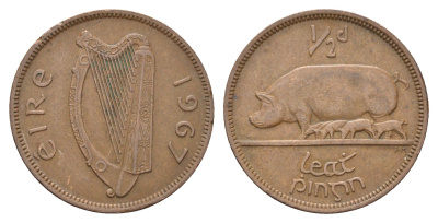 Ирландия 1/2 пенни 1967 свинья с поросятами KM 10 бронза 4695-552