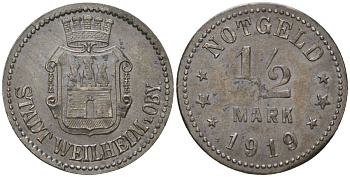 Вайльхайм в Обербайерне (Бавария) 1/2 мaрки 1919 Funck 585.7, Men18 33058.4 железо aUNC 1524-615