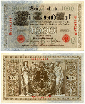 Германия 1000 марок 1910 21 апреля 1910, красная печать, номер семизначный, серия В, буква С, выпуск АПРЕЛЬ - АВГУСТ 1919 Pick 44, Роземберг 45b бумага VF 2194-21-2-1