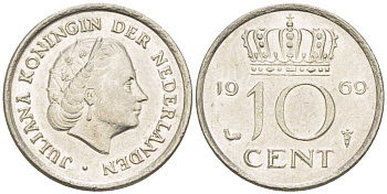 Нидерланды 10 центов 1969 Юлиана (1948-1980) KM 182 никель 214-1243