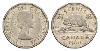 Канада 5 центов 1960 Елизавета II (1952-2022), бобр KM 50a никель 4630-666