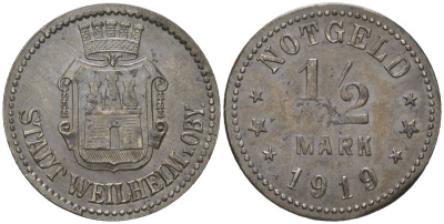 Вайльхайм в Обербайерне (Бавария) 1/2 мaрки 1919 Funck 585.7, Men18 33058.4 железо aUNC 1524-615