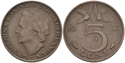 Нидерланды 5 центов 1948 Вильгельмина (1890-1948) KM 176 бронза 4592-845