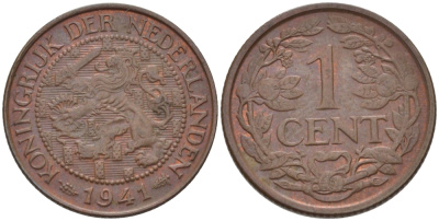 НИДЕРЛАНДЫ 1 ЦЕНТ 1941 ВИЛЬГЕЛЬМИНА (1890-1948) KM 152 бронза 39-114