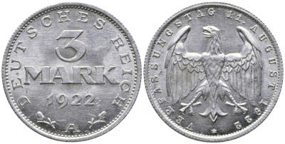 Германия 3 марки 1922 A, третья годовщина Веймарской Конституции KM 29, J. 303 алюминий 38-241
