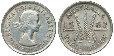 Австралия 3 пенса 1963 m, Елизавета II (1952-2022) KM 57 серебро 71-944