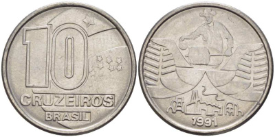 Бразилия 10 крузейро 1990 золотодобыча KM 619.1 нержавеющая сталь 3996-927
