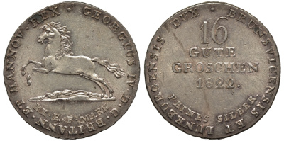 Брауншвейг-Каленберг-Ганновер 16 гутергрошенов 1822 король Георг IV (1820-1830) J 23 g, AKS 37 серебро  aUNC  11-119-15