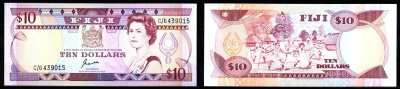 Фиджи 10 долларов ND (1989) Елизавета II (1952-2022) Pick 92 a бумага UNC (пресс) 451-1209-1