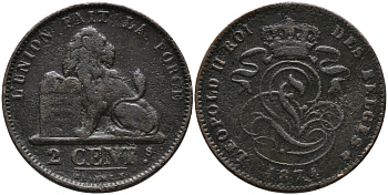 БЕЛЬГИЯ 2 САНТИМА 1874 BELGES KM 35.1 медь 95-657