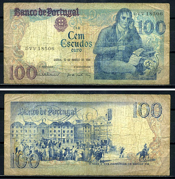 Португалия 100 эскудо 1985 Бокаже Мануэль Мария Барбоза, 12 марта 1985, signatures: V?tor Manuel Ribeiro Const?ncio & Jos? de Matos Torres Pick 178d(3) бумага 8590-11-2-1